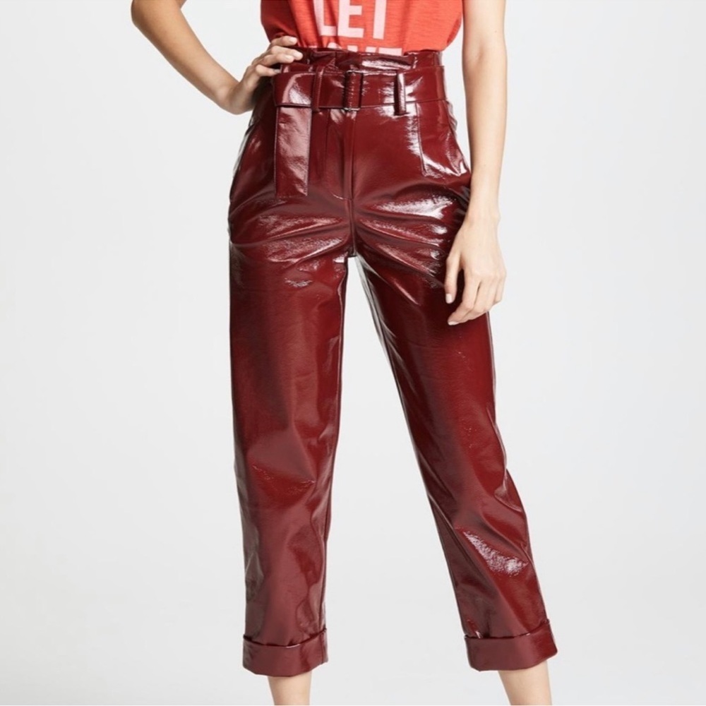 Nicholas Synthetic Faux Patent Leather Crinkle Pvc Trouser Pants In Burgundy